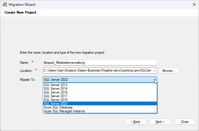 Schritt 1 des Migration Wizard: Erstellen eines neuen Projekts