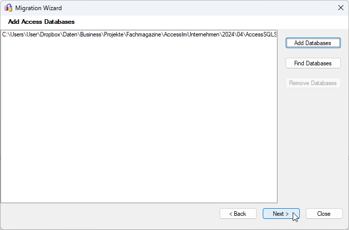 Schritt 2 des Migration Wizard: Hinzufügen der Datenbank, deren Tabellen migriert werden sollen