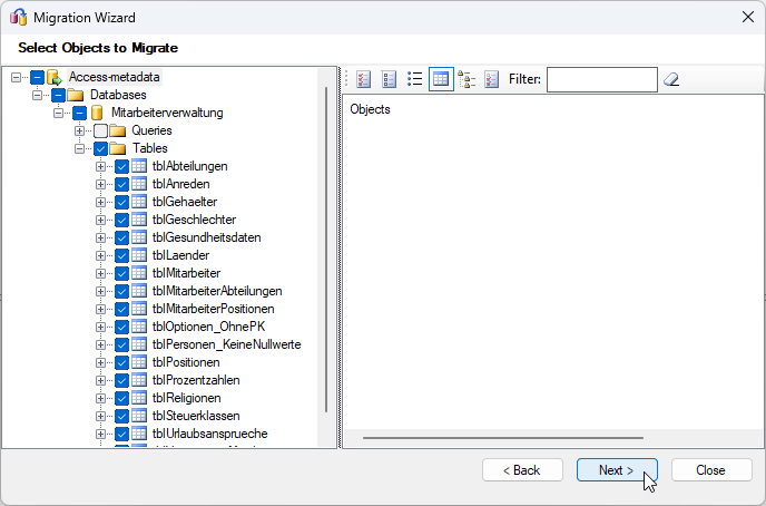 Schritt 3 des Migration Wizard: Auswahl der zu migrierenden Objekte