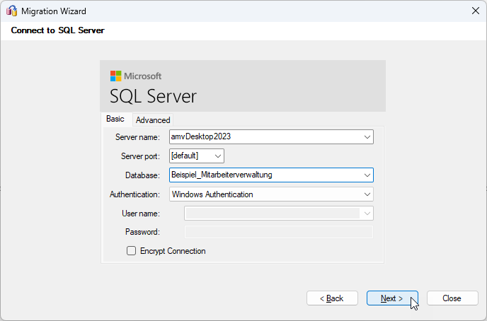 Schritt 4 des Migration Wizard: Eingeben von Informationen zur Zieldatenbank