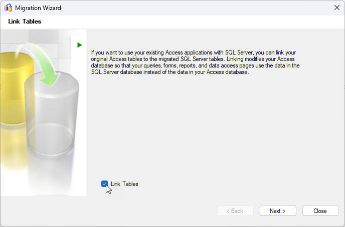 Schritt 5 des Migration Wizard: Angabe, ob die Tabellen direkt verknüpft werden sollen