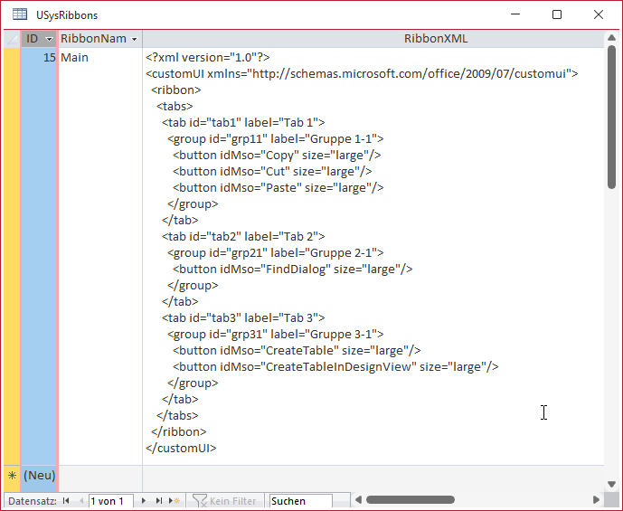 Tabelle USysRibbons mit unserer Ribbondefition