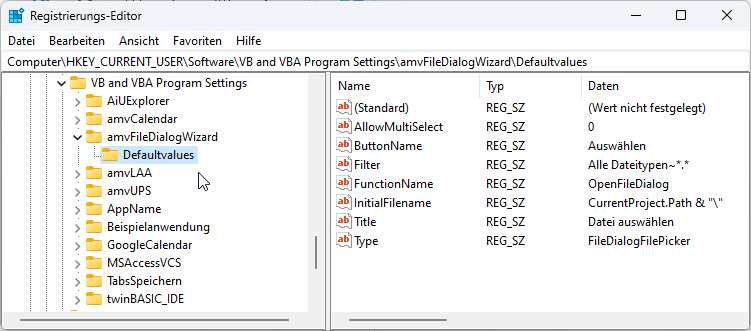 Bereich der Registry für VB- und VBA-Anwendungen
