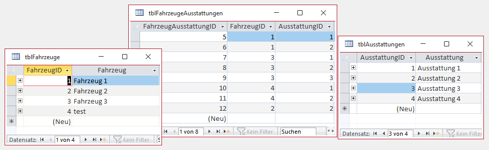 Beispieldaten und Zuordnung über die m:n-Verknüpfungstabelle