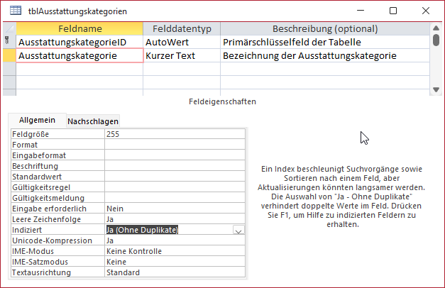 Entwurf der Tabelle tblAusstattungskategorien