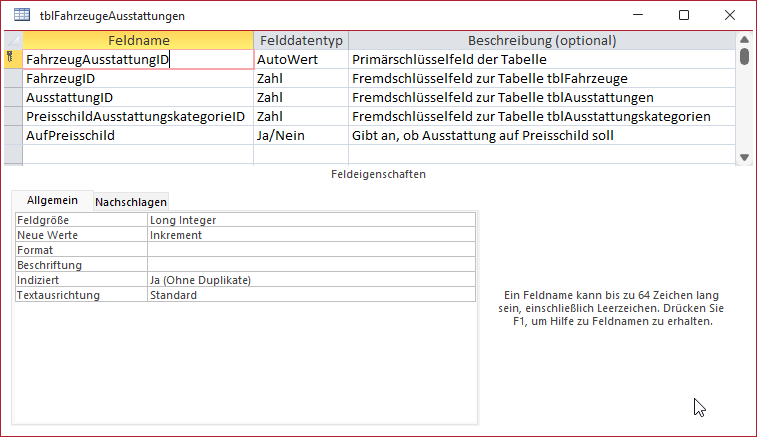 Entwurf der Tabelle tblFahrzeugeAusstattungen mit den neuen Feldern