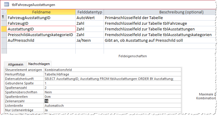 Einstellen des Feldes AusstattungID als Nachschlagefeld
