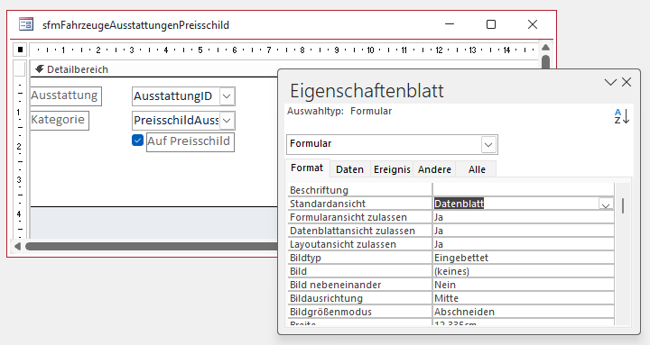 Das Unterformular sfmFahrzeugeAusstattungenPreisschild