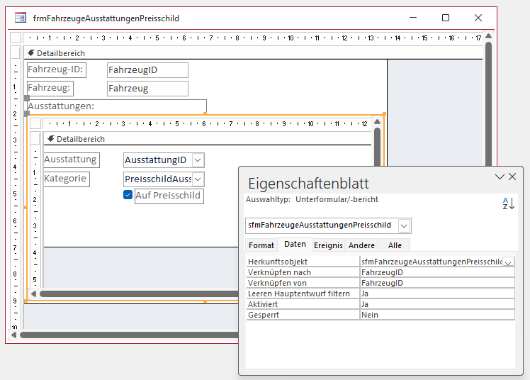 Haupt- und Unterformular in der Entwurfsansicht