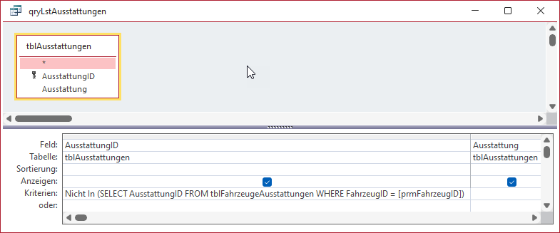 Abfrage zur Ermittlung der noch nicht verwendeten Ausstattungen