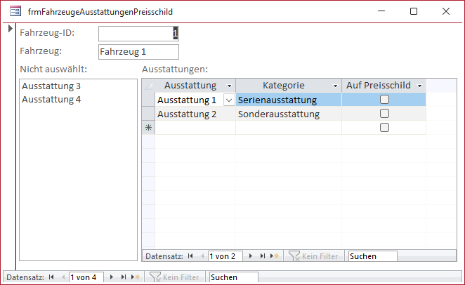 Das Listenfeld zeigt die verbleibenden Ausstattungen an.