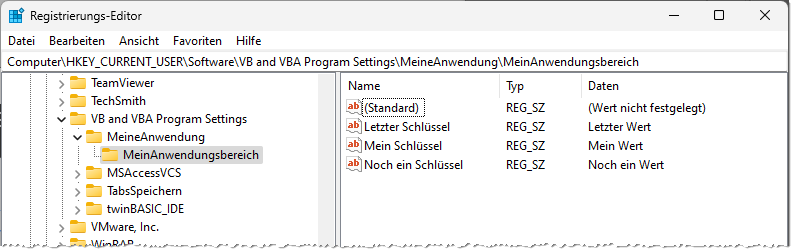 Frisch angelegte Registryschlüssel