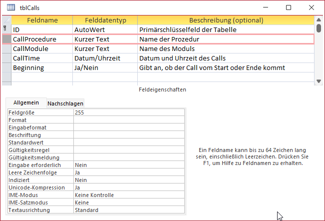 Entwurf der Tabelle für die Aufrufe