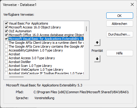 Verweis auf die Bibliothek Microsoft Visual Basic for Applications 5.3