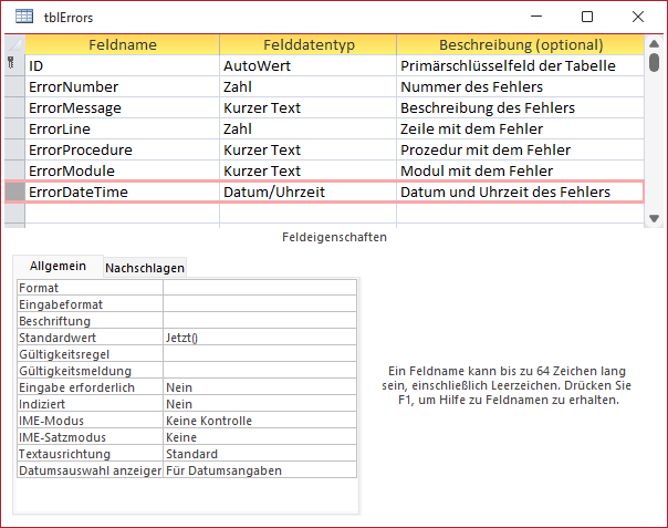 Tabelle zum Speichern der Fehlerinformationen