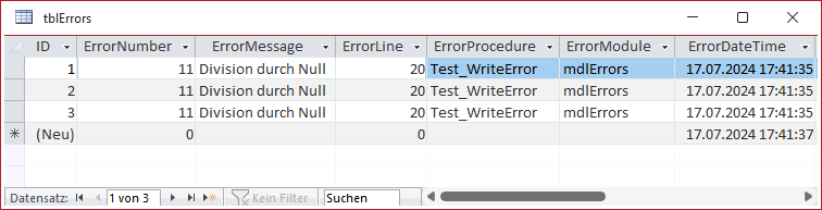 Tabelle zum Speichern der Fehlerinformationen mit einige Fehlern