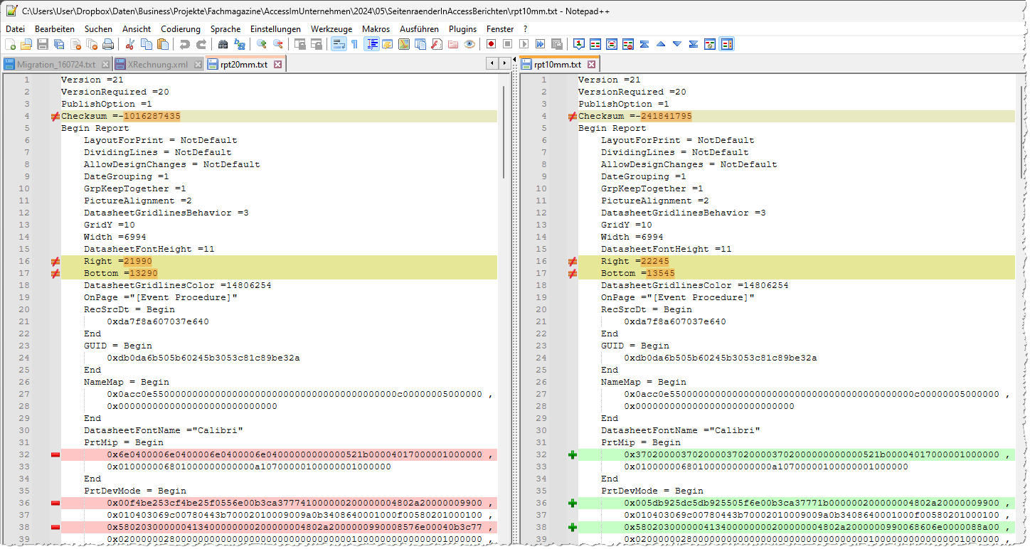 Unterschiede der als Datei gespeicherten Berichte
