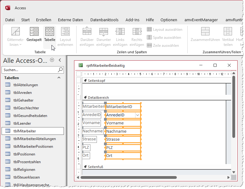 Hinzufügen und Anordnen der anzuzeigenden Felder