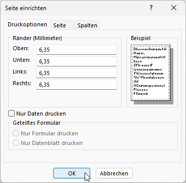 Dialog zum Einrichten der Seite