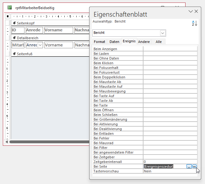 Anlegen einer Ereignisprozedur für das Ereignis Bei Seite