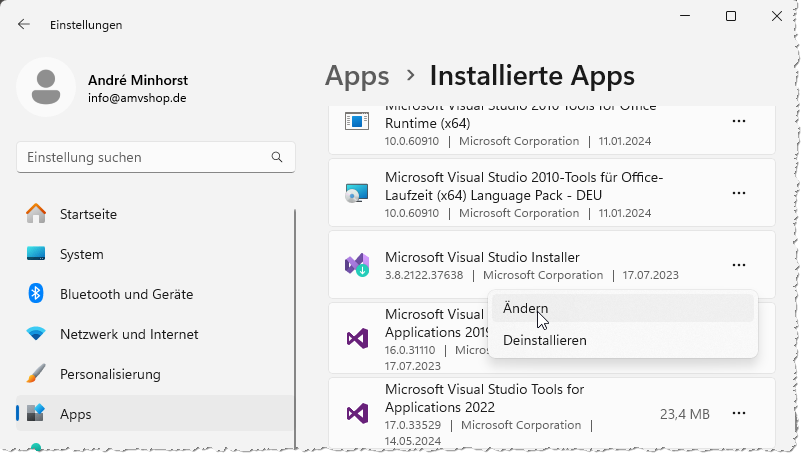 Starten der Änderung von Visual Studio