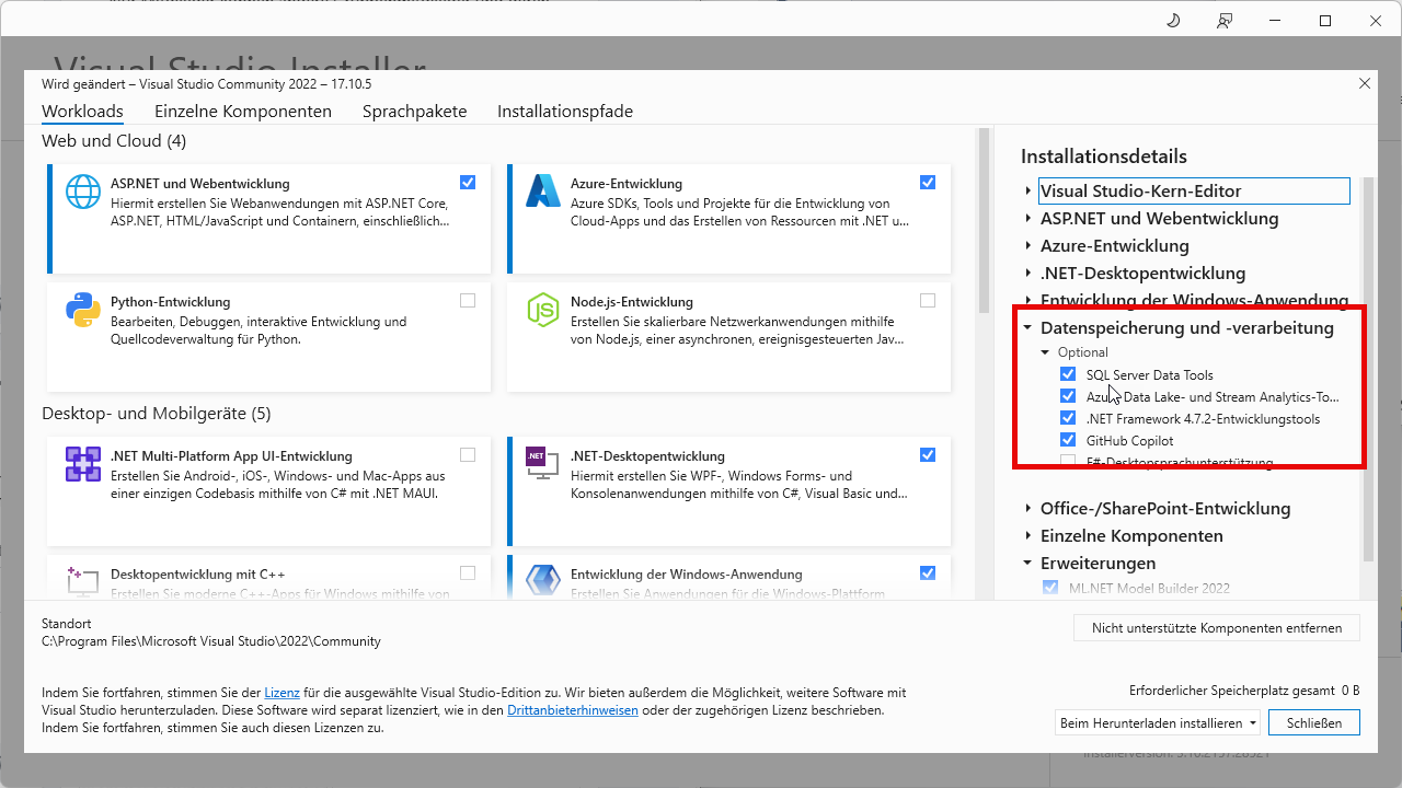 Hinzufügen der SQL Server Data Tools