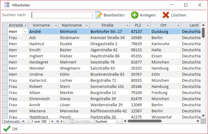 Beispiel für eine Datenblattansicht