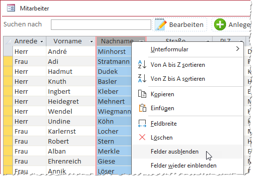 Ausblenden einer Spalte