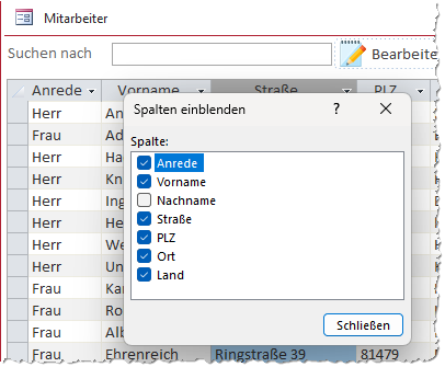 Erneutes Einblenden von Spalten
