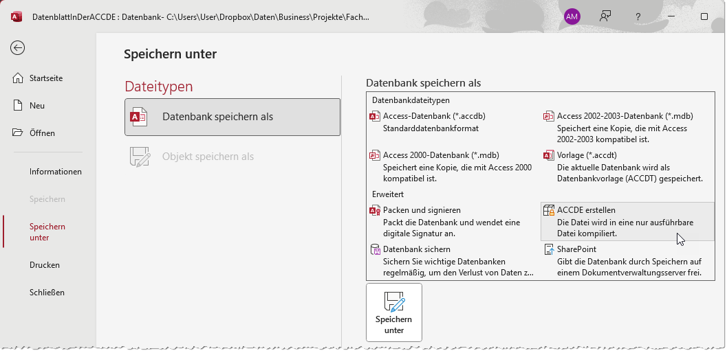 Speichern der Datenbank als .accde-Datenbank