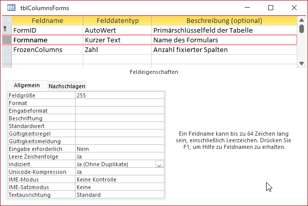 Tabelle für die Formulare