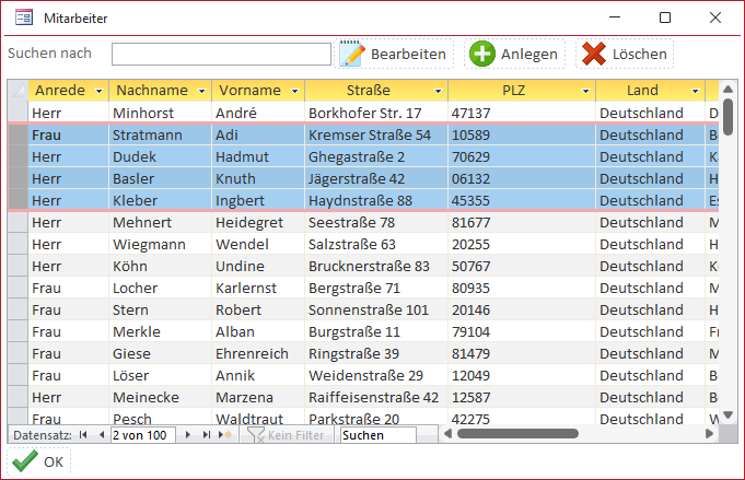 Markieren mehrerer Datensätze in der Datenblattansicht