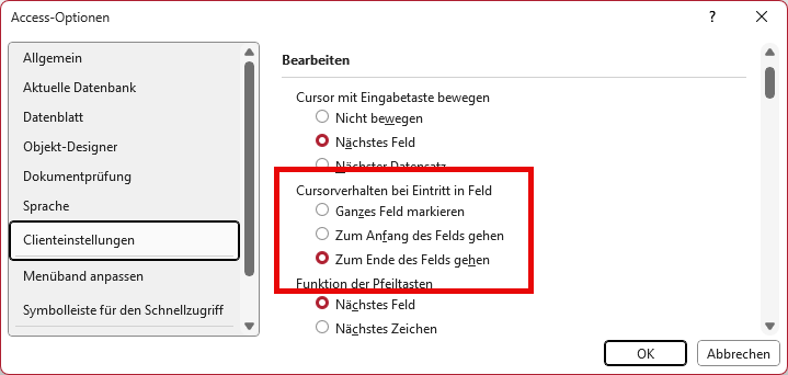 Einstellungen für das Verhalten bei Eintreten in ein Feld