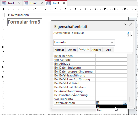 Einstellen der Eigenschaft Tastenvorschau auf den Wert Ja
