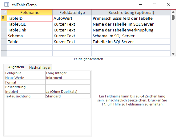 Tabelle zum Speichern der Tabelleninformationen