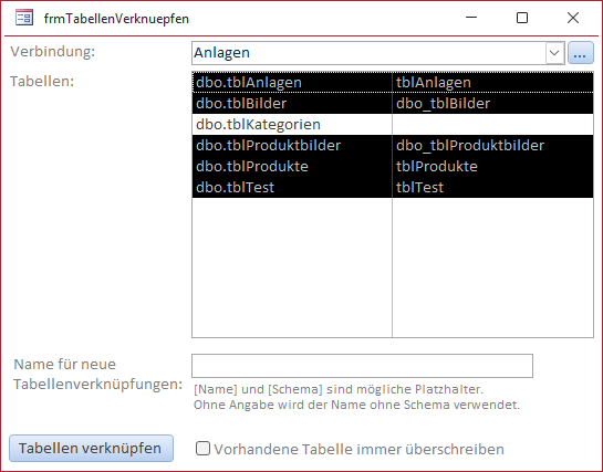 Formularansicht des Formulars frmTabellenVerknuepfen