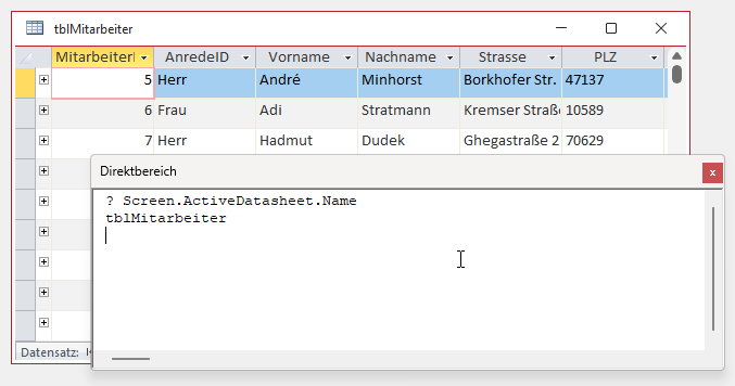 Zugriff per VBA auf das aktuelle Datenblatt einer Tabelle