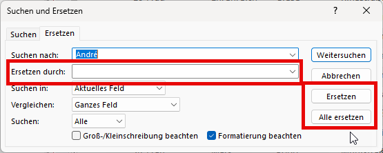 Registerseite Ersetzen des Suchen und Ersetzen-Dialogs