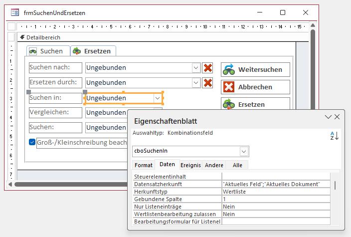Einstellen der Werte für die Kombinationsfelder