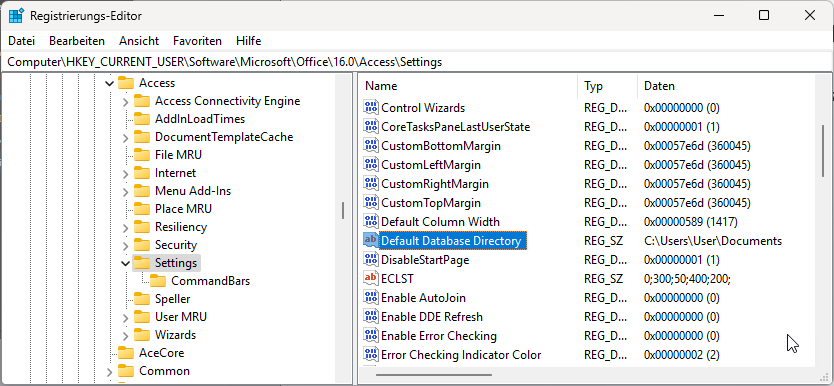 Der Standarddatenbankordner wird in der Registry gespeichert.