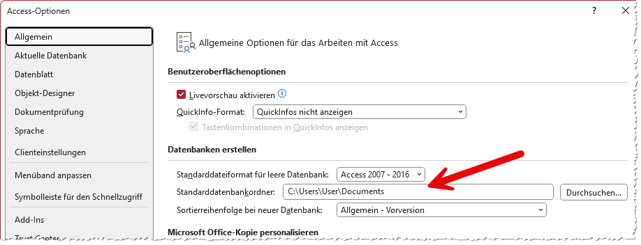 Der Standarddatenbankordner in den Access-Optionen