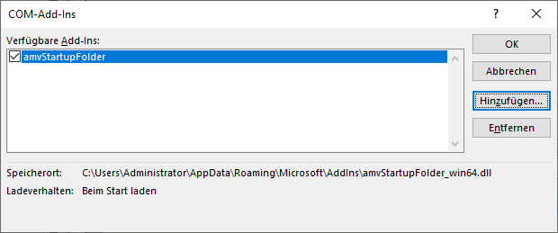Das neue COM-Add-In im COM-Add-Ins-Dialog