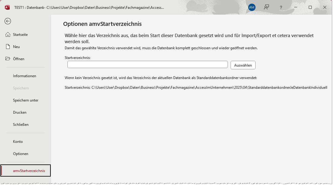 Einstellen des gewünschten Standarddatenbankordners