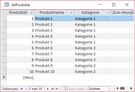Beispieldaten der Tabelle tblProdukte
