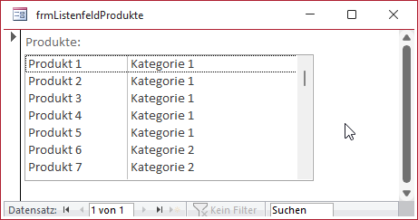 Listenfeld mit den Daten der Tabelle tblProdukte