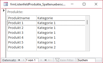 Anzeige von Spaltenüberschriften