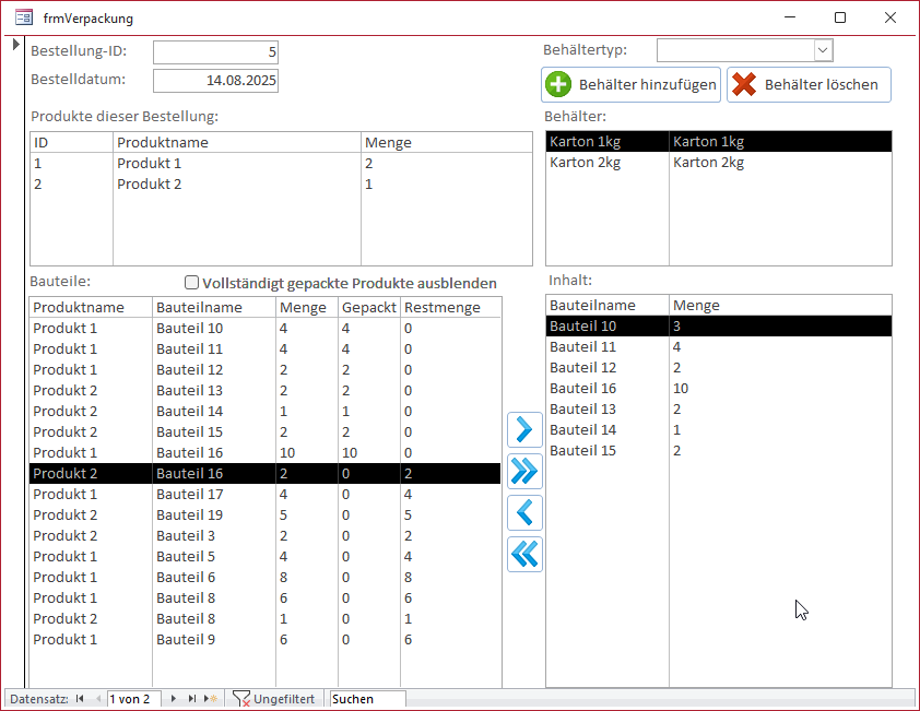 Formular zum Protokollieren der Verpackung