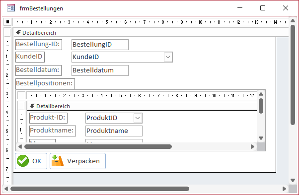 Entwurfsansicht des Formulars frmBestellungen