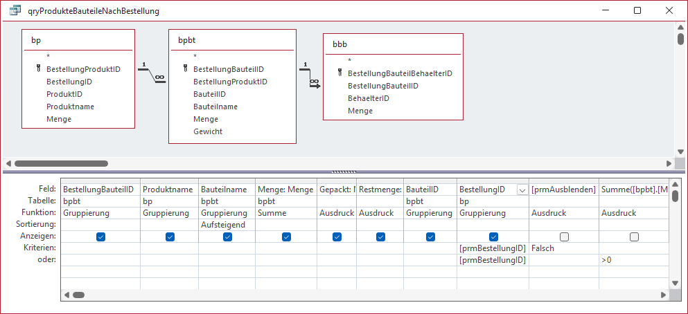 Entwurf der Abfrage qryProdukteBauteileNachBestellung