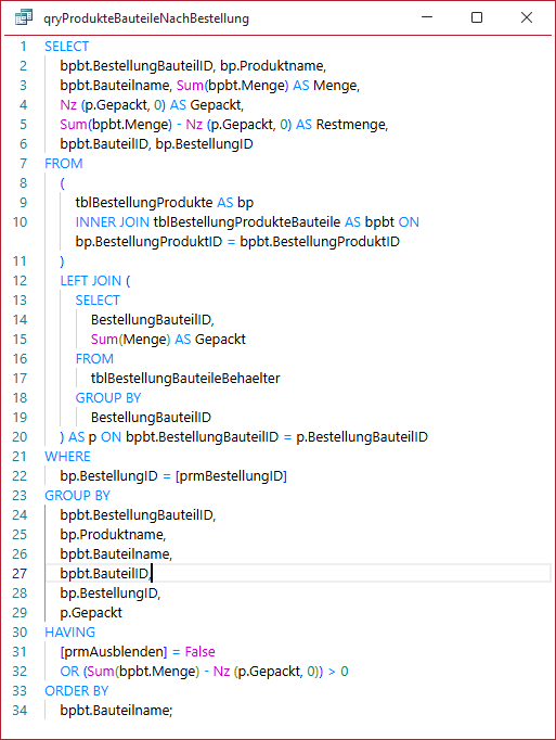 SQL-Ansicht der Abfrage qryProdukteBauteileNachBestellung
